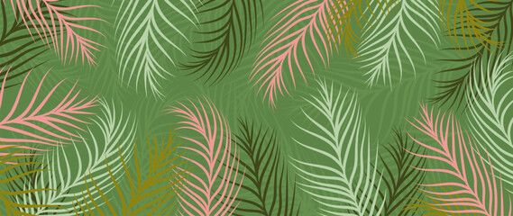 Fototapeta na wymiar Tropical leaves background vector. Botanical foliage banner design hand drawn colorful palm leaves, coconut leaf line art. Design for wallpaper, cover, cards, packaging, flyer, fabric.