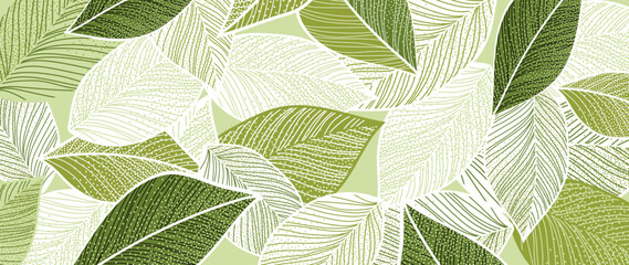 Abstract foliage botanical background vector. Green watercolor wallpaper of tropical plants, leaves, leaf branches. Foliage design for banner, prints, decor, wall art, decoration, fabric. - obrazy, fototapety, plakaty