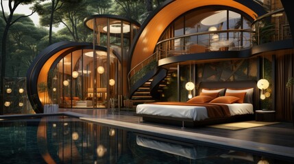 Futuristic hotel in the sky os miyazaki and klimt.UHD wallpaper - obrazy, fototapety, plakaty