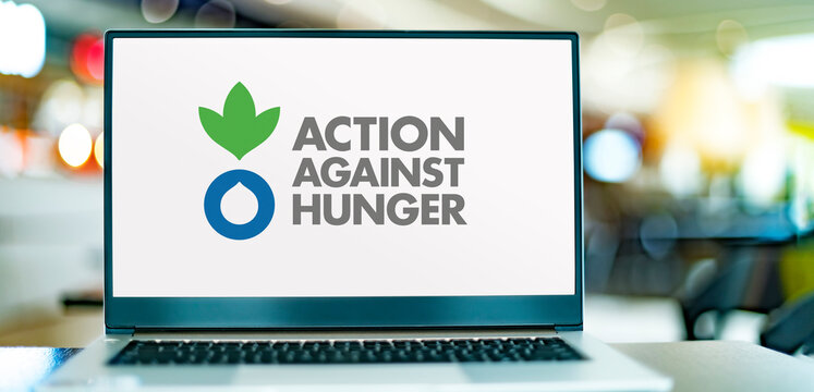 Laptop displaying logo of Action Against Hunger