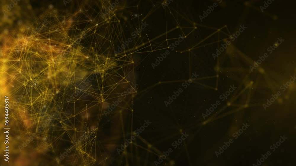 Aufkleber Abstract gold low polygonal network connection flowing and moving object. Plexus geometric structure with flickering lens flare 4K motion background.