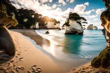 A view of Cathedral Cove beach in the summertime without any people on it during the day.