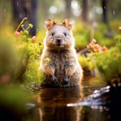 Fototapeta premium In the midst of coastal vegetation, a quokka sits at ease created with Generative Ai