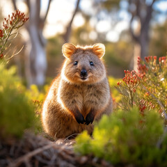 Fototapeta premium In the midst of coastal vegetation, a quokka sits at ease created with Generative Ai