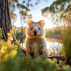 Fototapeta premium In the midst of coastal vegetation, a quokka sits at ease created with Generative Ai