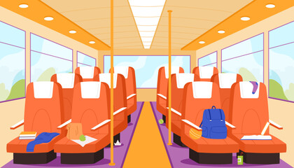Empty school bus inside, interior of public city transport with seats. Passenger cabin perspective view of chairs rows with books and bags of kids, aisle and windows cartoon vector illustration © Flash Vector