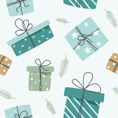 Christmas and Happy New Year seamless pattern with gift boxes.