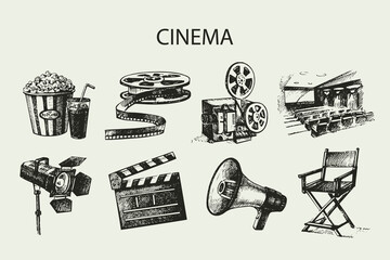Cinema and film set. Hand drawn vintage illustrations - 694405980