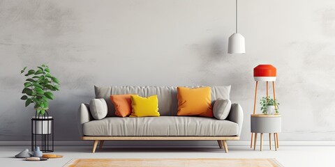 Modern living room with retro elements - gray sofa, colorful pillows, table with dried plants, white coffee table, floor lamp, against a light wall with space for customization. - obrazy, fototapety, plakaty