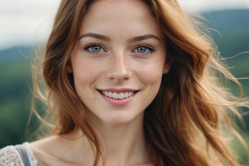 Close-up portrait of a beautiful smiling happy young girl with blue eyes, freckles looking at the camera against the background of nature in summer. Emotions, facial expression, natural beauty concept