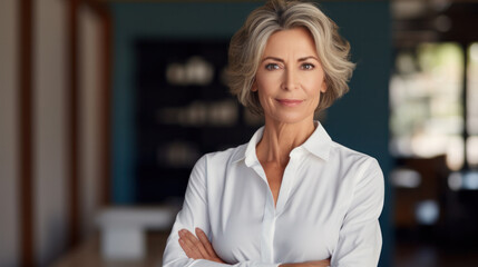 Smiling confident stylish mature middle aged woman standing at home office. Old senior businesswoman, 60s gray-haired lady executive business leader manager looking at camera arms crossed, portrait. - obrazy, fototapety, plakaty