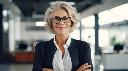 Smiling confident stylish mature middle aged woman standing at home office. Old senior businesswoman, 60s gray-haired lady executive business leader manager looking at camera arms crossed, portrait.