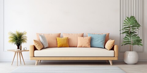 Fototapeta premium Bright living room with a cozy sofa and pillows.