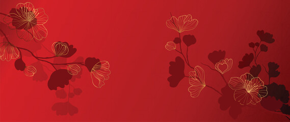 Elegant Chinese oriental pattern background vector. Elegant cherry blossom flower golden line art on red background. Design illustration for happy new year, wallpaper, banner, card. © TWINS DESIGN STUDIO