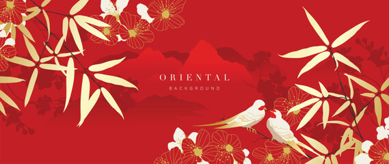 Elegant Chinese oriental pattern background vector. Elegant swallow bird, cherry blossom and bamboo golden line art on red background. Design illustration for happy new year, wallpaper, banner, card.
