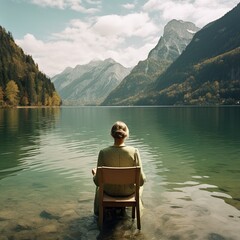 Eine Frau sitzt an einem See