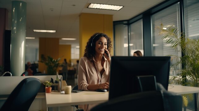 The consultant chat with the client uses a phone and a computer monitor video call, positive communication a young woman in a shirt, a company employee in the office.