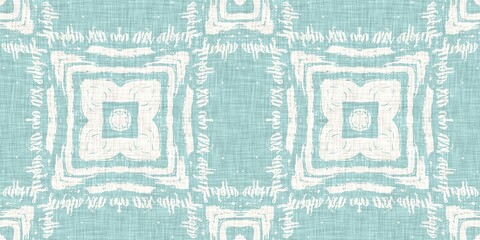 Obraz premium Aqua teal blue white vibrant watercolor batik azulejos tile border banner background. Seamless coastal blur linen effect geometric mosaic effect.Boho Patchwork nautical masculine summer ribbon trim. 