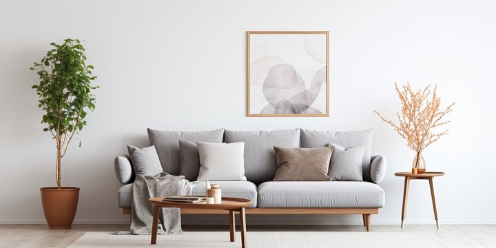 Staging modern Scandinavian living room with mock-up map poster, stylish coffee table, gray sofa, plaid, flower vase, and elegant personal accessories. Template.