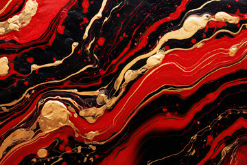 Black, gold and red marble abstract background. Decorative acrylic paint pouring rock marble texture. Horizontal Black and gold wavy abstract pattern