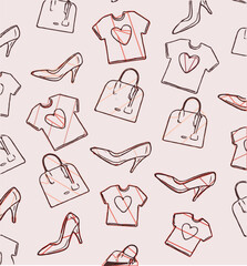 pattern with accessories, tshirt, shoes, bag,
