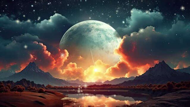 Futuristic fantasy landscape, sci-fi landscape with planet, neon light, cold planet. Galaxy with unknown planet landscape. Dark natural scene with light reflection in water. Neon space galaxy portal.