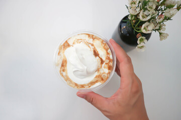 iced coffee , iced latte coffee or iced cappuccino coffee with whipped cream topping