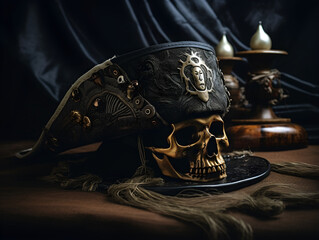 Skull with pirate hat on a desk, pirate event and pirate themed party, mysterious pirate desk with tricorn, treasure hunt, costume party, metallic skull, golden skull