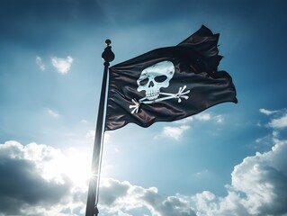 Black pirate flag with skull and crossed bones on a blue sky, pirate party, pirate themed event, historical event, piratery