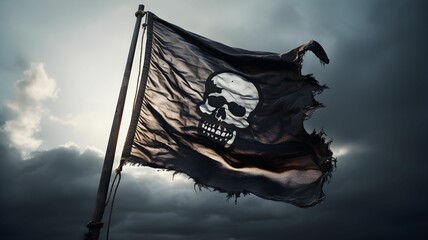Black pirate flag with skull on a cloudy stormy sky, bad weather and dramatic lighting, pirate party, pirate themed event, historical event, piratery