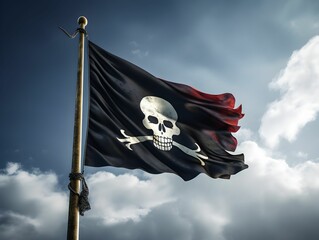 Black pirate flag with skull and crossed bones on a blue sky with clouds, pirate party, pirate...