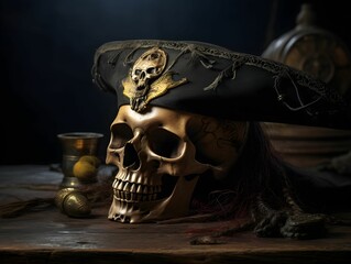 Skull with pirate hat on a desk, pirate event and pirate themed party, mysterious pirate desk with...