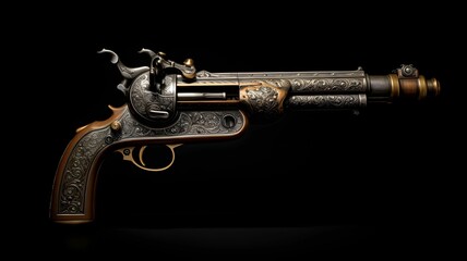 Pirate pistol on a black background, historical gun for pirate event, pirate themed costume party, weapon from the past, history firearm - obrazy, fototapety, plakaty