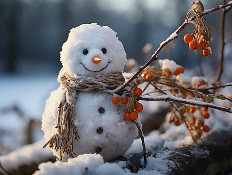 Close-up of a charming snowman adorned with twig arms and a carrot nose, set against a snowy backdrop.