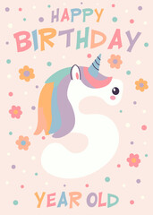 Birthday invitation card design with number and unicorn. Five year. Vector illustration of template on pastel background. Invitation for children and adults. Ready to use and editable template.