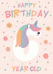 Birthday invitation card design with number and unicorn. Six year. Vector illustration of template on pastel background. Invitation for children and adults. Ready to use and editable template.