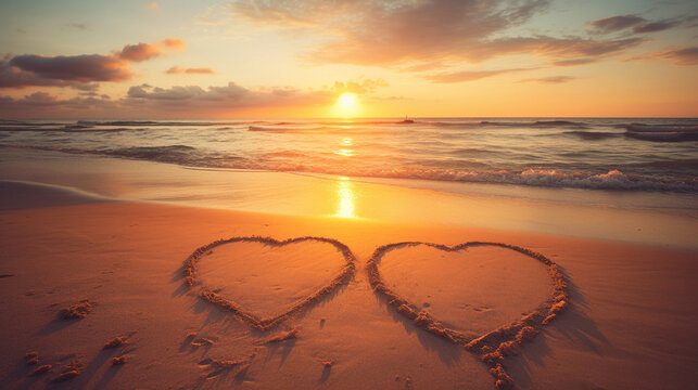 Drawing hearts on the beach in the sand, couple, love