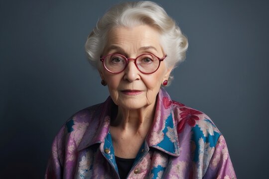 An elderly gray-haired woman wearing glasses, an elegant jacket with a scarf looks at the camera. Fashion, clothing and accessories, lifestyle concepts.