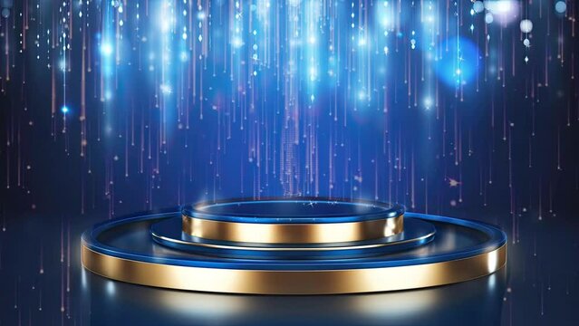 empty golden product podium, blue background.
