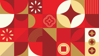 Happy Chinese New Year luxury style pattern background vector. Golden coins, oriental flower, firework in red geometric shapes wallpaper. Oriental design for backdrop, card, poster, advertising.