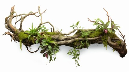 Twisted wild liana messy jungle vines plant with moss, lichen and wild climbing orchid leaves isolated on white background isolated on white background,. Created using Generative AI Technology - obrazy, fototapety, plakaty