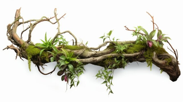 Twisted wild liana messy jungle vines plant with moss, lichen and wild climbing orchid leaves isolated on white background isolated on white background,. Created using Generative AI Technology