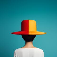 Woman with colorful hat on a blue background. Red and yellow.