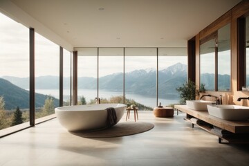 A large bathroom with bathtubs, large panoramic windows and a beautiful view of the mountains. Modern interior design, hotel, leisure.
