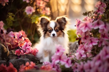 A Papillon puppy in a flower-filled spring garden