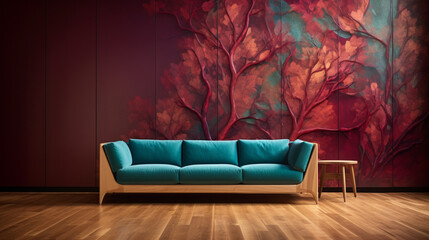 A wooden-framed sofa in ash stands beneath a 3D plane tree pattern with iridescent teal bark against a rich burgundy feature wall.