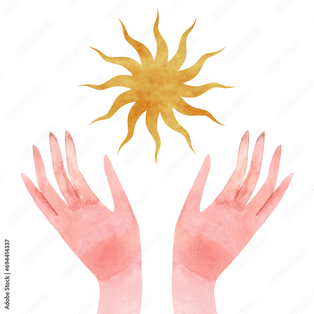 Wall mural watercolor illustration of the sun and woman's hands. spiritual composition isolated on a transparen