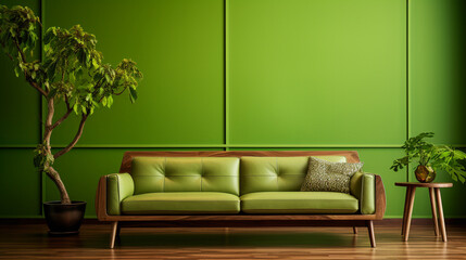 A wooden-framed sofa in walnut is framed against a vibrant green wall, while a 3D plane tree pattern with bronze bark dances above