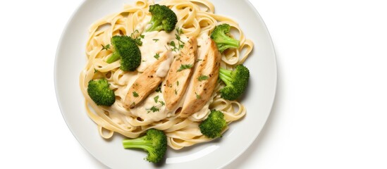 Chicken and broccoli Alfredo pasta on a plate, viewed from above.