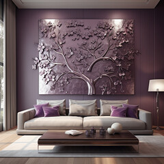 Envision a 3D plane tree pattern in shades of amethyst gracing the wall, harmonizing with a silver satin sofa in a modern living space.